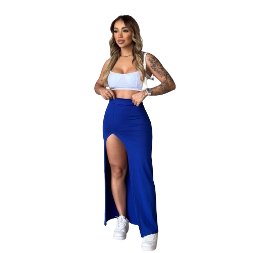 Saia Feminina Longa Longuete Longão Pinterest Tendência Gringa com Fenda Grande Supex Tecido Gelado Praia Festa Viagem Ano Novo Natal